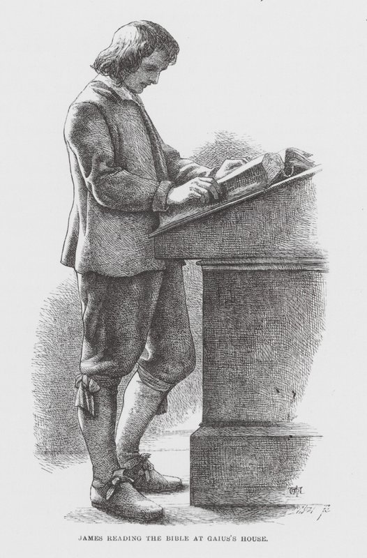 James liest die Bibel im Haus von Gaius von James Dawson Watson