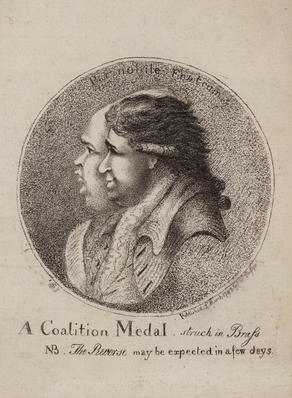 Eine Koalitionsmedaille, geprägt in Messing: Satire auf die Koalition der britischen Politiker Lord North und Charles James Fox, 1783 von James Sayers