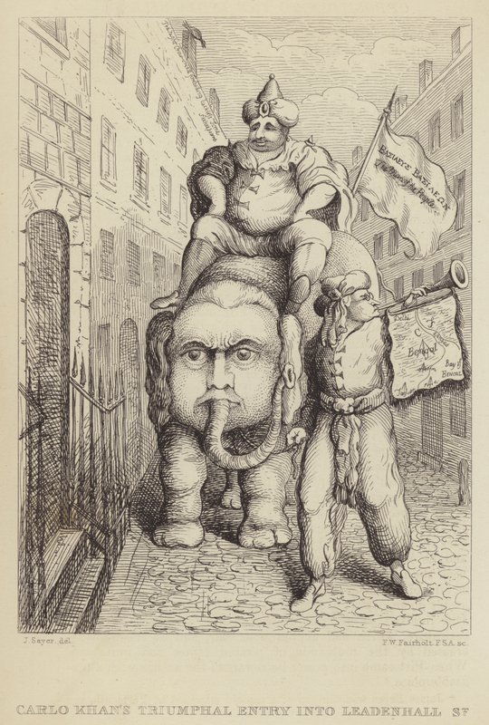 Carlo Khans triumphaler Einzug in die Leadenhall Street: Satire auf den Whig-Politiker Charles James Fox und seine Ambitionen in Bezug auf Indien von James Sayers