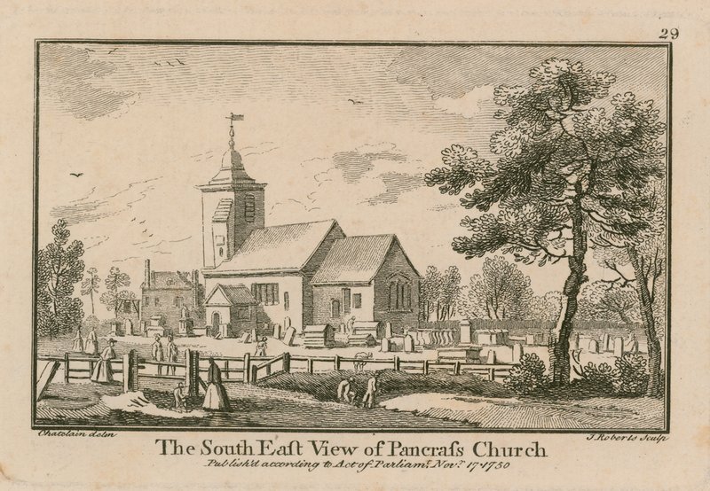 Die südöstliche Ansicht der St. Pancras Kirche, London von Jean Baptiste Claude Chatelain