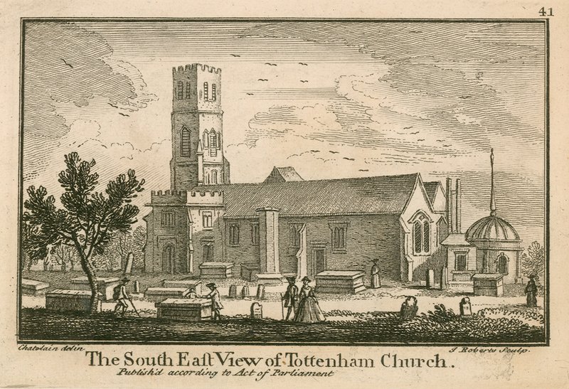 Die Südostansicht der Tottenham Kirche, London von Jean Baptiste Claude Chatelain