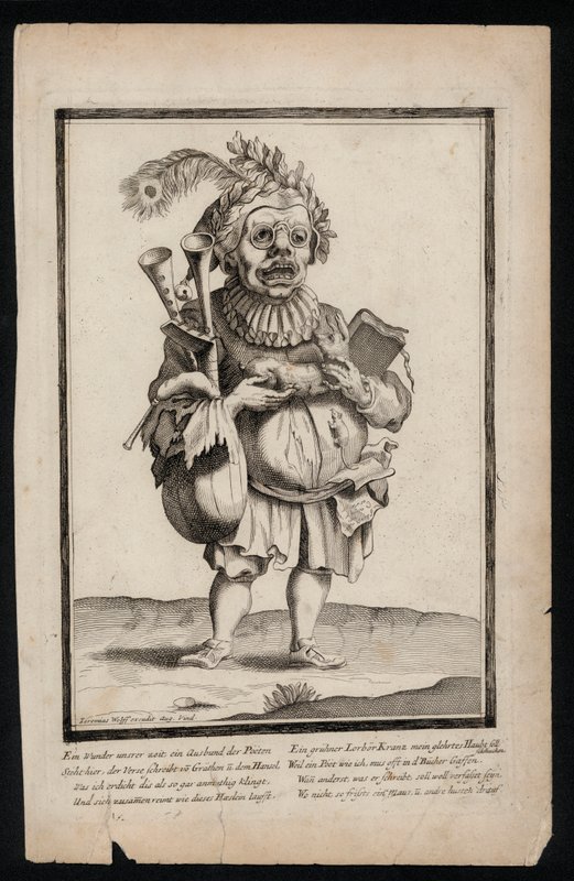 Mann mit Dudelsack und Pfauenfederkopfschmuck, surrealistischer Kostümdruck, ca. 1700 von Jeremias Wolff