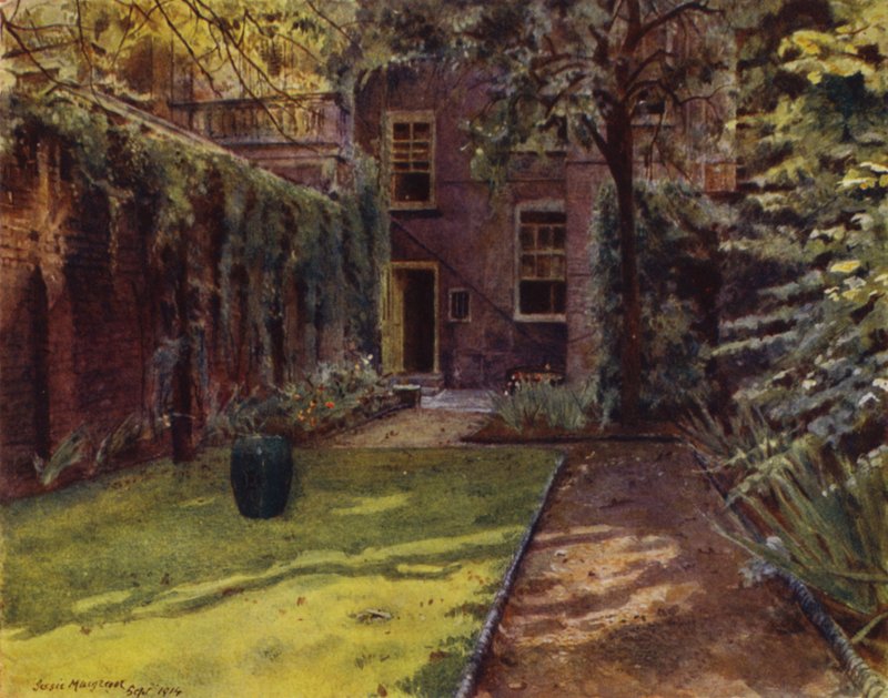 Carlyle House, Blick auf Garten und Haus (Farblithografie) von Jessie MacGregor
