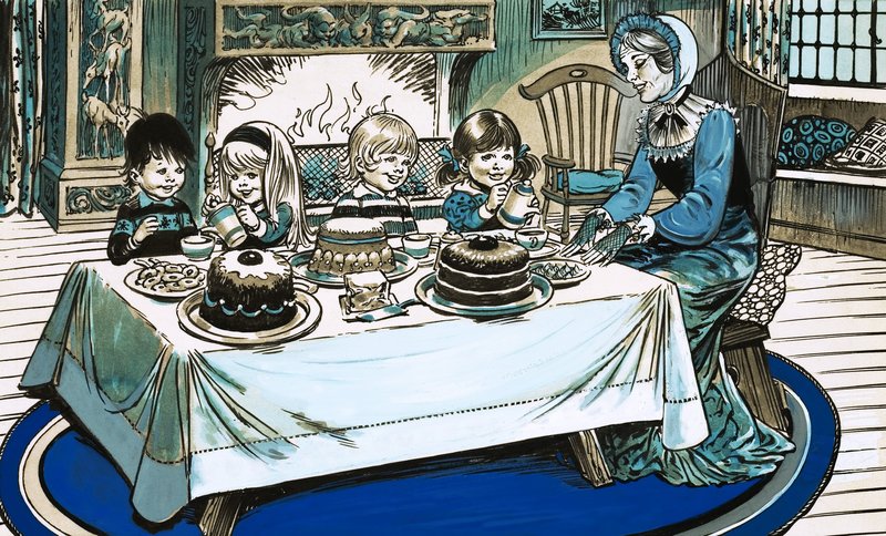 Unidentifizierte Szene von Kindern, die ein Festmahl vor einem lodernden Feuer essen von Jesus Blasco