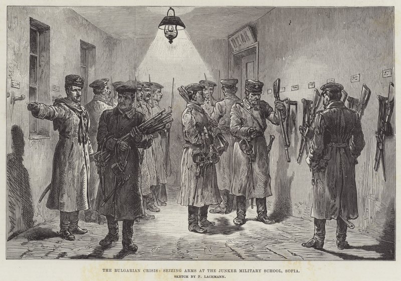 Die bulgarische Krise, Waffenbeschlagnahme an der Junker-Militärschule, Sofia von Johann Nepomuk Schonberg
