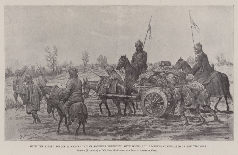 Mit den alliierten Streitkräften in China, indische Soldaten kehren mit beschlagnahmten Gütern und Archiven aus den Dörfern zurück von Johann Nepomuk Schonberg
