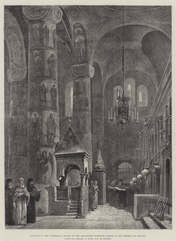 Innenansicht der Kathedrale der Himmelfahrt (Uspenski Sobor) im Kreml in Moskau, wo der Kaiser von Russland gekrönt wird von Johann Nepomuk Schonberg