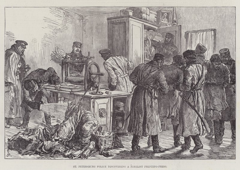 Die Polizei von St. Petersburg entdeckt eine nihilistische Druckerpresse von Johann Nepomuk Schonberg