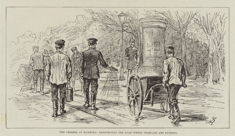 Die Cholera in Hamburg, Desinfektion der Straße, auf der Straßenbahnen fahren von Johann Nepomuk Schonberg