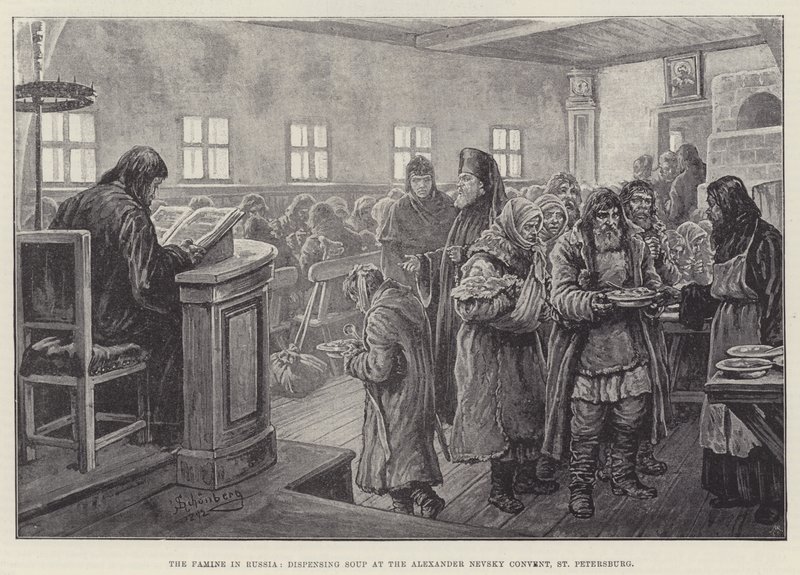 Die Hungersnot in Russland, Suppenausgabe im Alexander-Newski-Kloster, St. Petersburg von Johann Nepomuk Schonberg