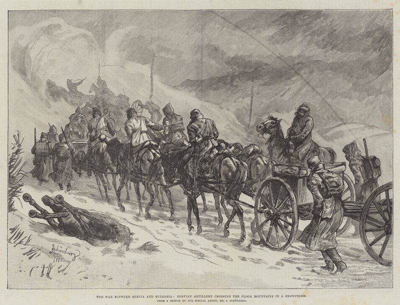 Der Krieg zwischen Serbien und Bulgarien, serbische Artillerie überquert die Ploca-Berge im Schneesturm von Johann Nepomuk Schonberg