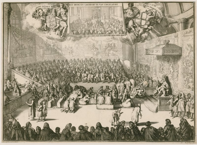 Eine Sitzung im Unterhaus mit Georg II. auf dem Thron von Johannes and Mortier, Cornelis Covens