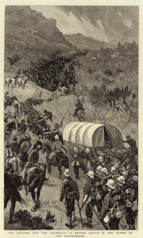Der Vormarsch in den Transvaal, ein britischer Konvoi in den Pässen der Drakensberge von John Charles Dollman