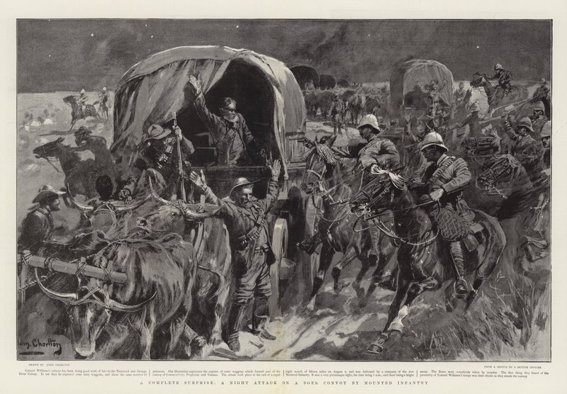 Eine komplette Überraschung, ein Nachtangriff auf einen Burenkonvoi durch berittene Infanterie von John Charlton