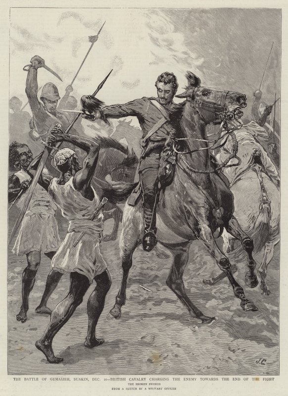Die Schlacht von Gemaizeh, Suakin, 20. Dezember, britische Kavallerie greift den Feind gegen Ende des Kampfes an von John Charlton