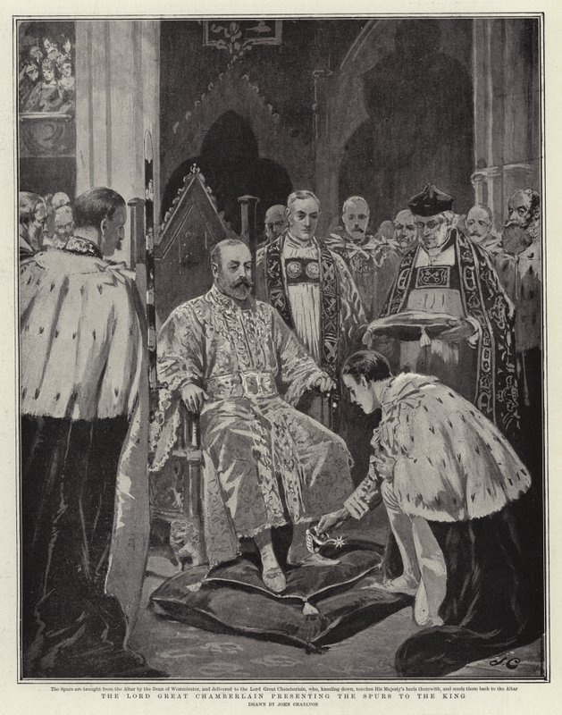 Der Lord Great Chamberlain überreicht dem König die Sporen von John Charlton