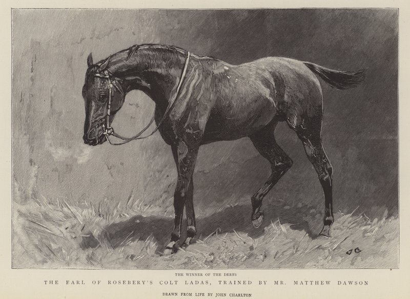 Der Gewinner des Derbys, Der Hengst Ladas des Earl of Rosebery, trainiert von Mr. Matthew Dawson von John Charlton