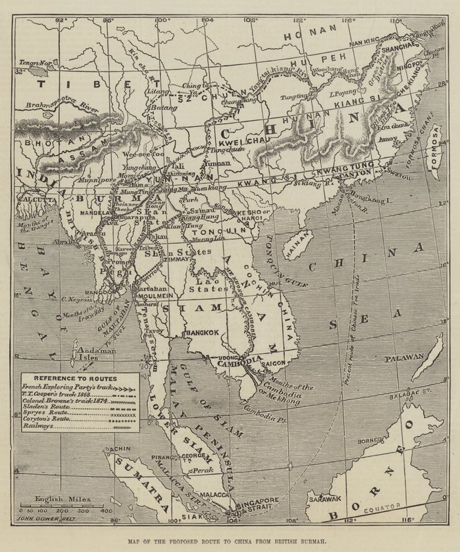 Karte der vorgeschlagenen Route nach China von Britisch-Burma von John Dower