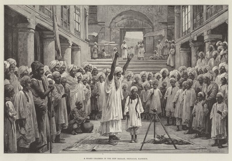 Ein Schlangenbeschwörer im neuen Basar, Srinagar, Kaschmir von John Edward Goodall