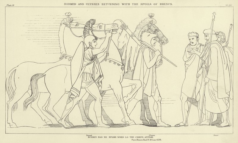Diomedes und Odysseus kehren mit den Beutestücken des Rhesus zurück von John Flaxman