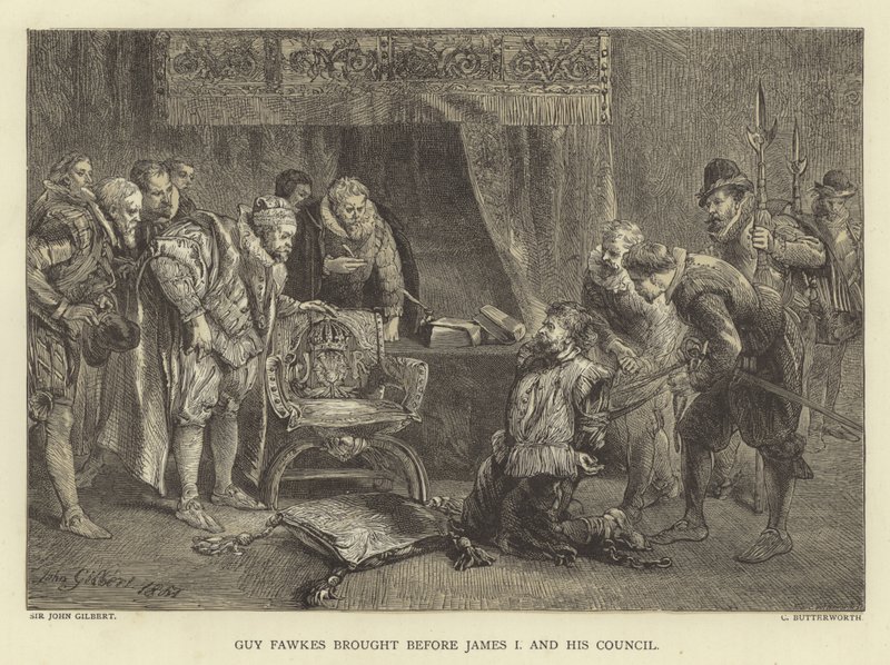 Guy Fawkes vor James I. und seinem Rat gebracht von John Gilbert