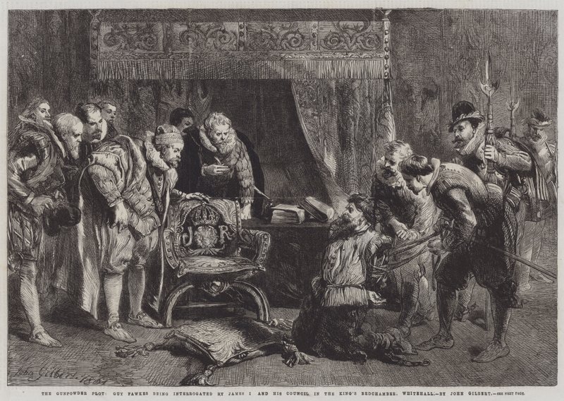Das Pulververschwörung, Guy Fawkes wird von James I und seinem Rat im Schlafzimmer des Königs, Whitehall, verhört von John Gilbert