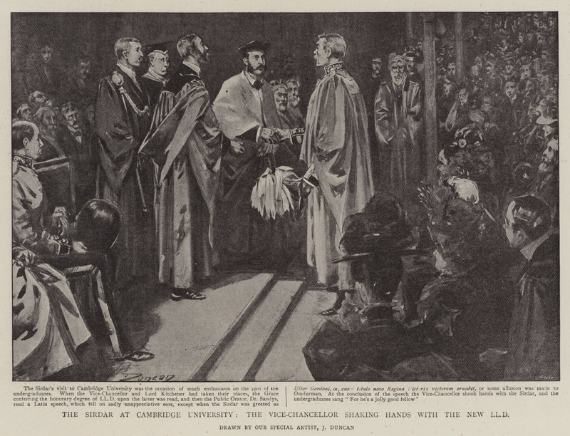 Der Sirdar an der Universität Cambridge, der Vizekanzler schüttelt dem neuen LLD die Hand von after John Duncan