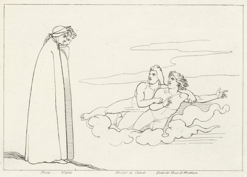 Ein Gespräch mit Guido Di Brettinoro, Fegefeuer, Gesang 14 (Gravur) von John (after) Flaxman