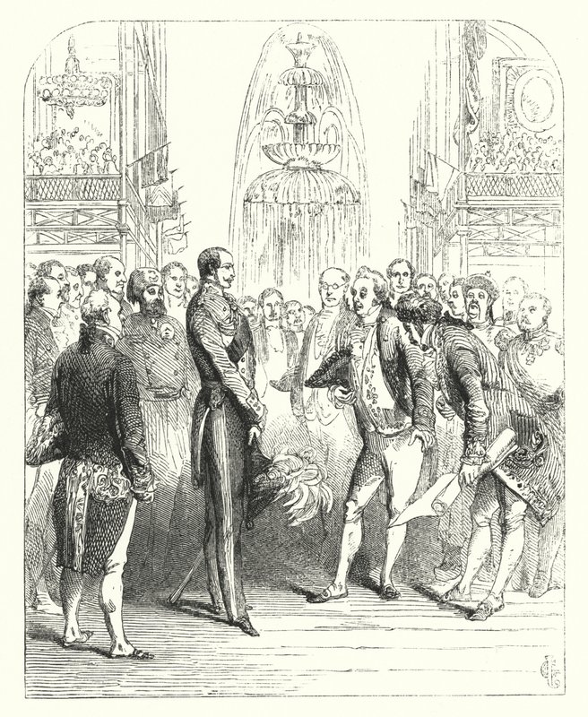 Prinz Albert und die königlichen Kommissare bei der Großen Ausstellung von 1851, Kristallpalast, Hyde Park, London (Gravur) von John (after) Gilbert