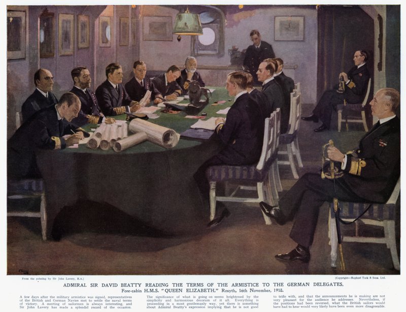 Admiral Sir David Beatty liest den deutschen Delegierten die Bedingungen des Waffenstillstands vor, Vorkabine HMS Queen Elizabeth, Rosyth von John (after) Lavery