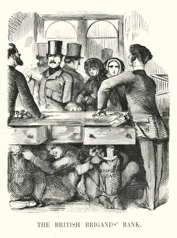 Punch-Karikatur: Die britische Brigantenbank - Korruption im Bankwesen und der Zusammenbruch der Royal British Bank (Stich) von John (after) Leech