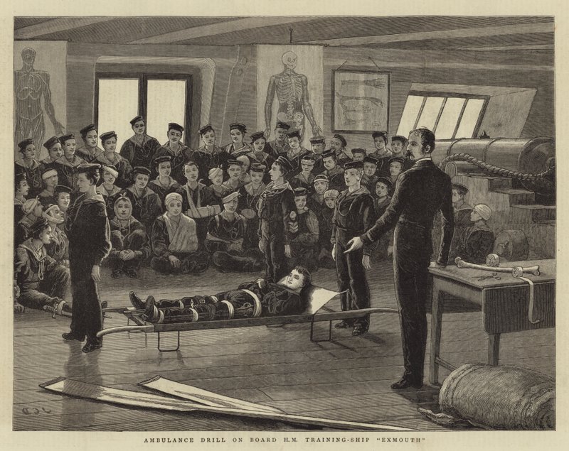 Ambulanzübung an Bord des HM Ausbildungsschiffs Exmouth von John Charles Dollman