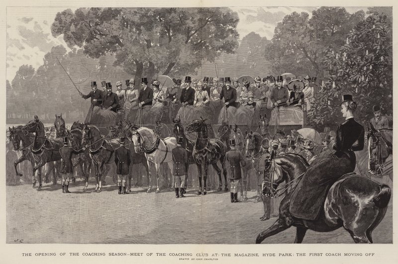 Die Eröffnung der Kutschensaison, Treffen des Kutschenclubs am Magazin, Hyde Park, die erste Kutsche fährt los von John Charlton