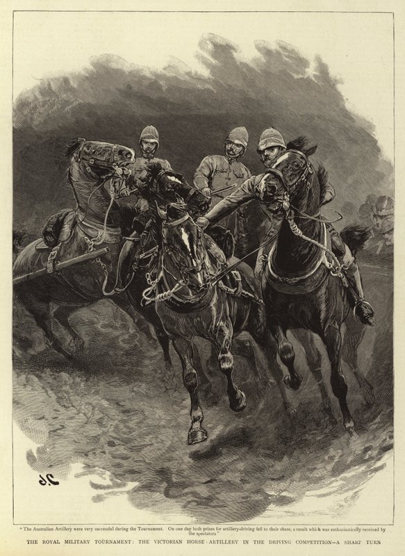 Das königliche Militärturnier, die viktorianische Pferdeartillerie im Fahrwettbewerb, eine scharfe Kurve von John Charlton