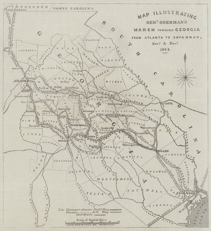 Karte, die General Shermans Marsch durch Georgia von Atlanta nach Savannah im November und Dezember 1864 illustriert von John Dower