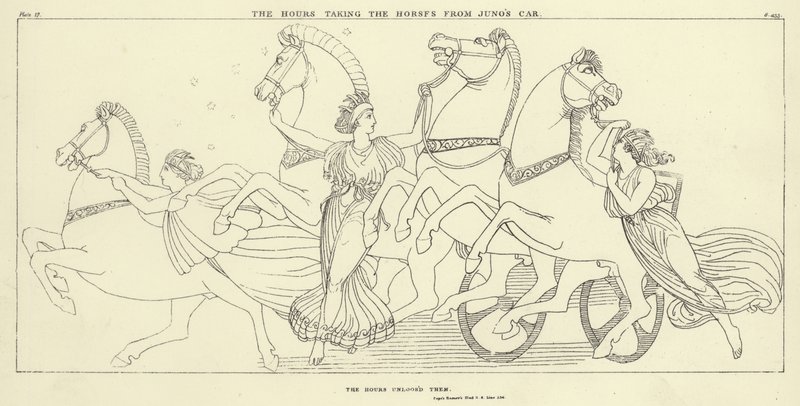 Die Stunden nehmen die Pferde von Junos Wagen von John Flaxman