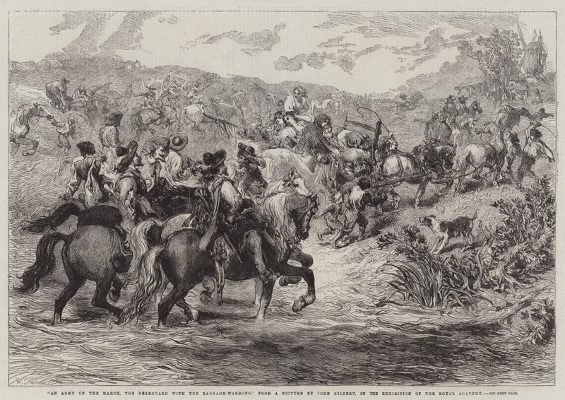 Eine Armee auf dem Marsch, die Nachhut mit den Gepäckwagen, in der Ausstellung der Royal Academy von John Gilbert