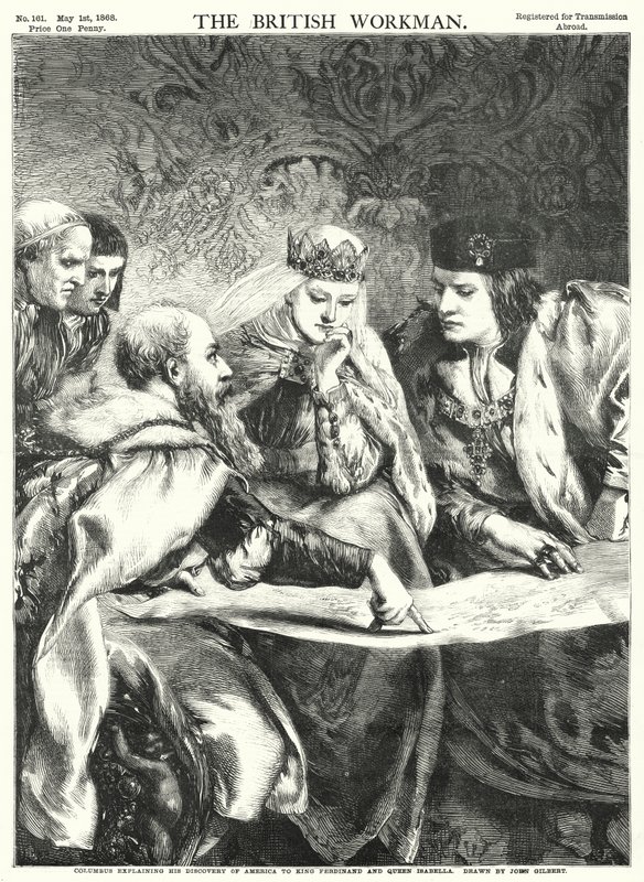 Kolumbus erklärt König Ferdinand und Königin Isabella seine Entdeckung Amerikas von John Gilbert