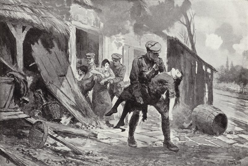 Gunner J Rafferty trägt eine verwundete Frau in Sicherheit aus einem Bauernhaus, das beschossen wurde, Erster Weltkrieg von John Harris Valda