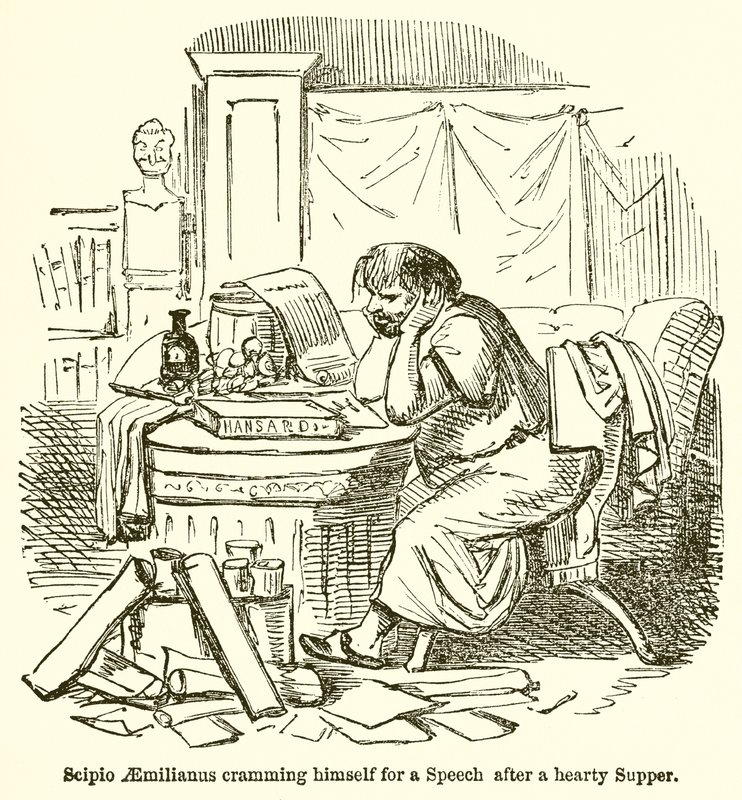 Scipio Aemilianus stopft sich nach einem herzhaften Abendessen für eine Rede voll von John Leech