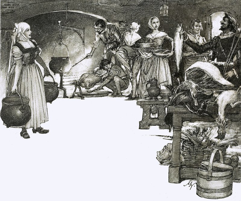 Kochen über offenem Feuer in einer elisabethanischen Küche von John Millar Watt