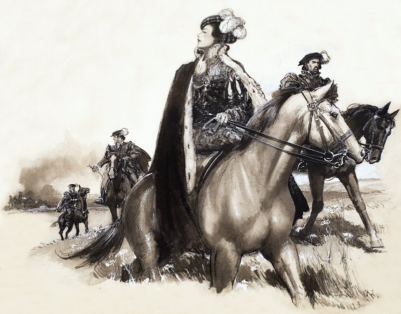 Unidentifizierte Königin verlässt eine rauchende Stadt unter Eskorte von John Millar Watt
