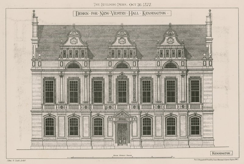 Entwurf für die neue Vestry Hall, Kensington, London von John Oldrid Scott