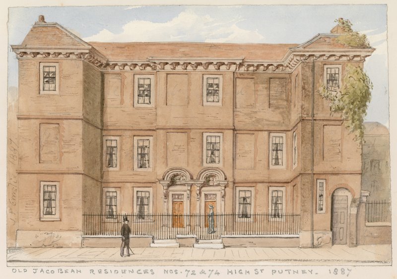 Alte jakobinische Residenzen, Nr. 72 und 74, High Street, Putney, London, 1887 von John Phillipp Emslie