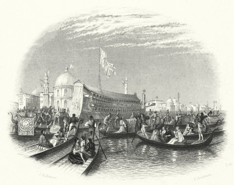 Die Hochzeit des Meeres. Die Barke des Dogen und Gondeln auf dem Wasser in Venedig (Stich) von John Rogers (after) Herbert