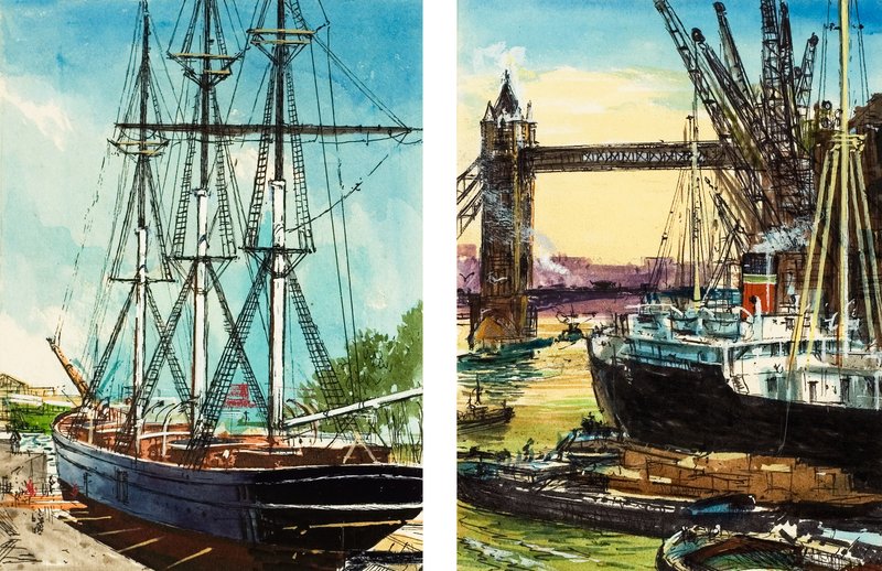 Ein Großsegler in den unteren Bereichen der Themse und ein dampfbetriebenes Frachtschiff nahe der Tower Bridge von John S. Smith