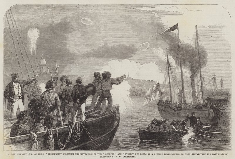 Kapitän Hewlett, CB, von HMS Edinburgh, leitet die Bewegungen der Snapper- und Stork-Kanonenboote auf ein russisches Dreidecker zwischen Gustafsvern und Bartholomäus von John Wilson Carmichael