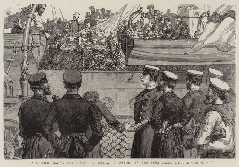 Ein britisches Kriegsschiff passiert einen russischen Transport im Suezkanal, gegenseitige Neugier von Joseph Finnemore
