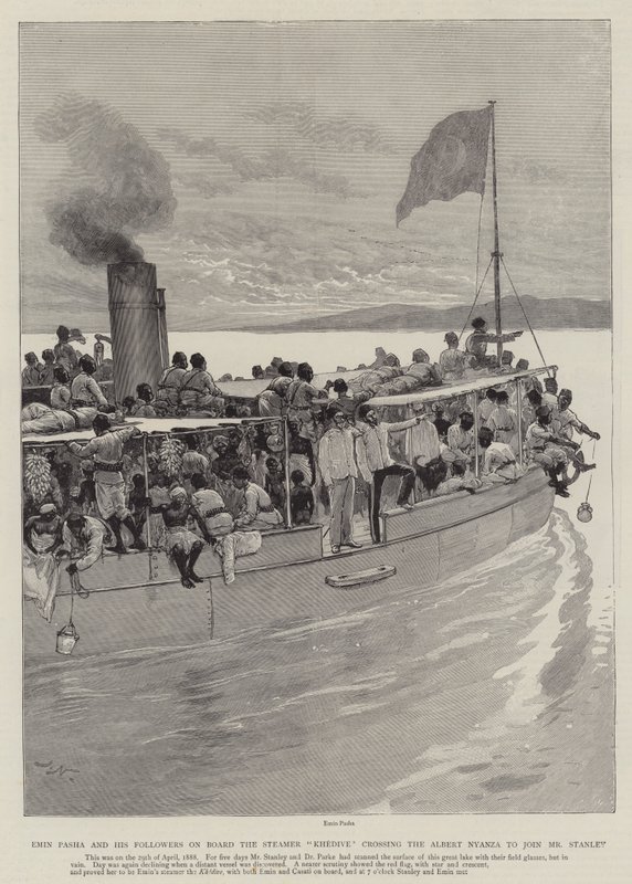 Emin Pascha und seine Anhänger an Bord des Dampfers Khedive, der den Albert Nyanza überquert, um sich Mr. Stanley anzuschließen von Joseph Nash
