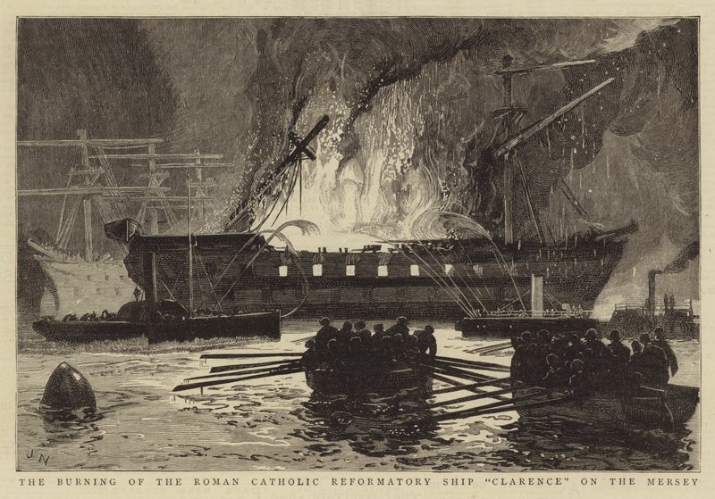 Das Brennen des römisch-katholischen Erziehungsschiffs Clarence auf dem Mersey von Joseph Nash